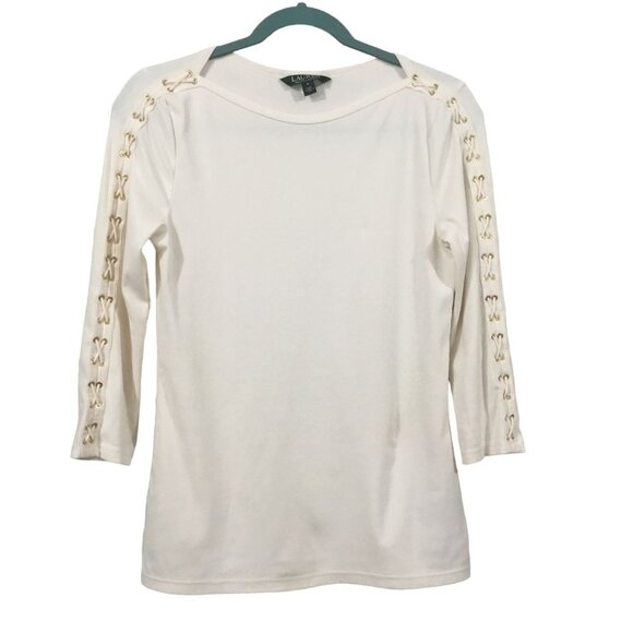 Lauren By Ralph Lauren Ivory Stretch Criss Cross Lace Up 3/4 Sleeve Shirt Medium - Picture 1 of 7